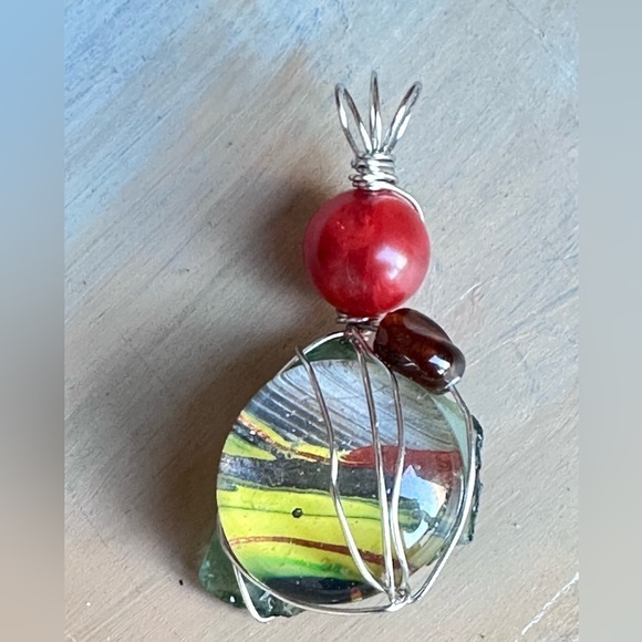 Art Glass Pendant Hand Painted Cabochon, Beaded, Wire Wrapped Handmade  4226 Y - Picture 10 of 11